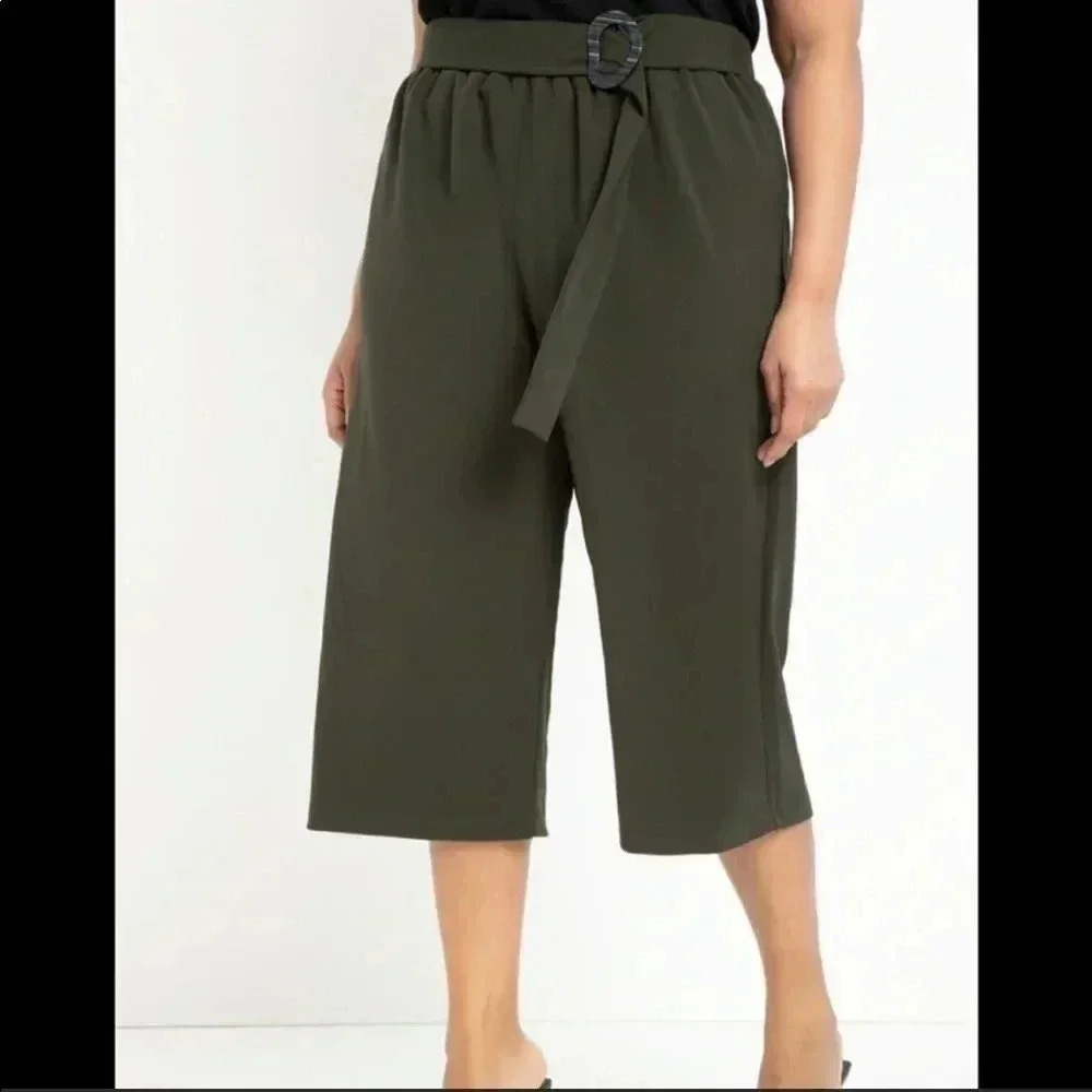 Eloquii Cropped Pants Capri Belted Plus Size 18/20 Green